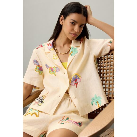 RHODE Off-White Graphic Whimsical Patches Front Button Collared Nola Top Size L - Picture 2 of 16